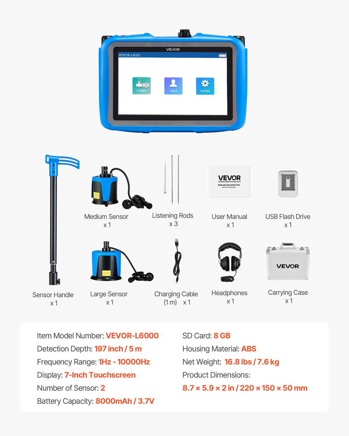 VEVOR Pipe Water Leak Detector for Outdoors, 1Hz-10000Hz, 7" Touchscreen Leakage Detection Locator for 16.4FT (5m) Underground Plumbing - with Medium & Large Sensor, 3 Listening Rods, Headphone & Case - GDLSJCDWQGDLTJHH3001V9 - view 8