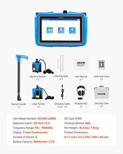 VEVOR Pipe Water Leak Detector for Outdoors, 1Hz-10000Hz, 7" Touchscreen Leakage Detection Locator for 16.4FT (5m) Underground Plumbing - with Medium & Large Sensor, 3 Listening Rods, Headphone & Case - GDLSJCDWQGDLTJHH3001V9 - view 8