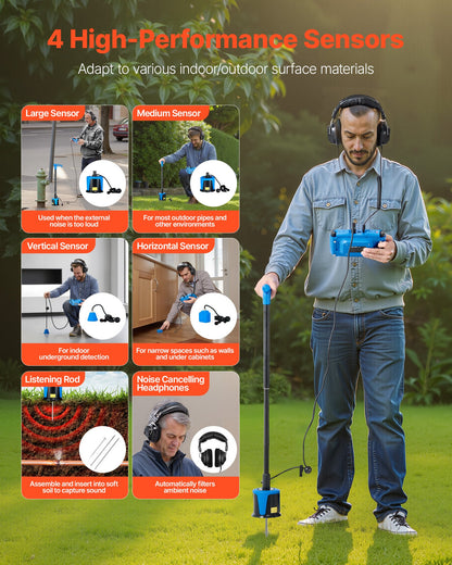 VEVOR Pipe Water Leak Detector with 4 Sensors, 1Hz-10000Hz, 7" Touchscreen Underground Plumbing Leakage Detection Locator with 3 Listening Rods, Headphones, 8GB Card & Carry Case for Indoors Outdoors - GDLSJCDWQGDLZMHFZ001V9 - view 5