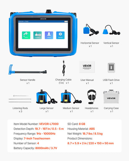 VEVOR Pipe Water Leak Detector with 4 Sensors, 1Hz-10000Hz, 7" Touchscreen Underground Plumbing Leakage Detection Locator with 3 Listening Rods, Headphones, 8GB Card & Carry Case for Indoors Outdoors - GDLSJCDWQGDLZMHFZ001V9 - view 8