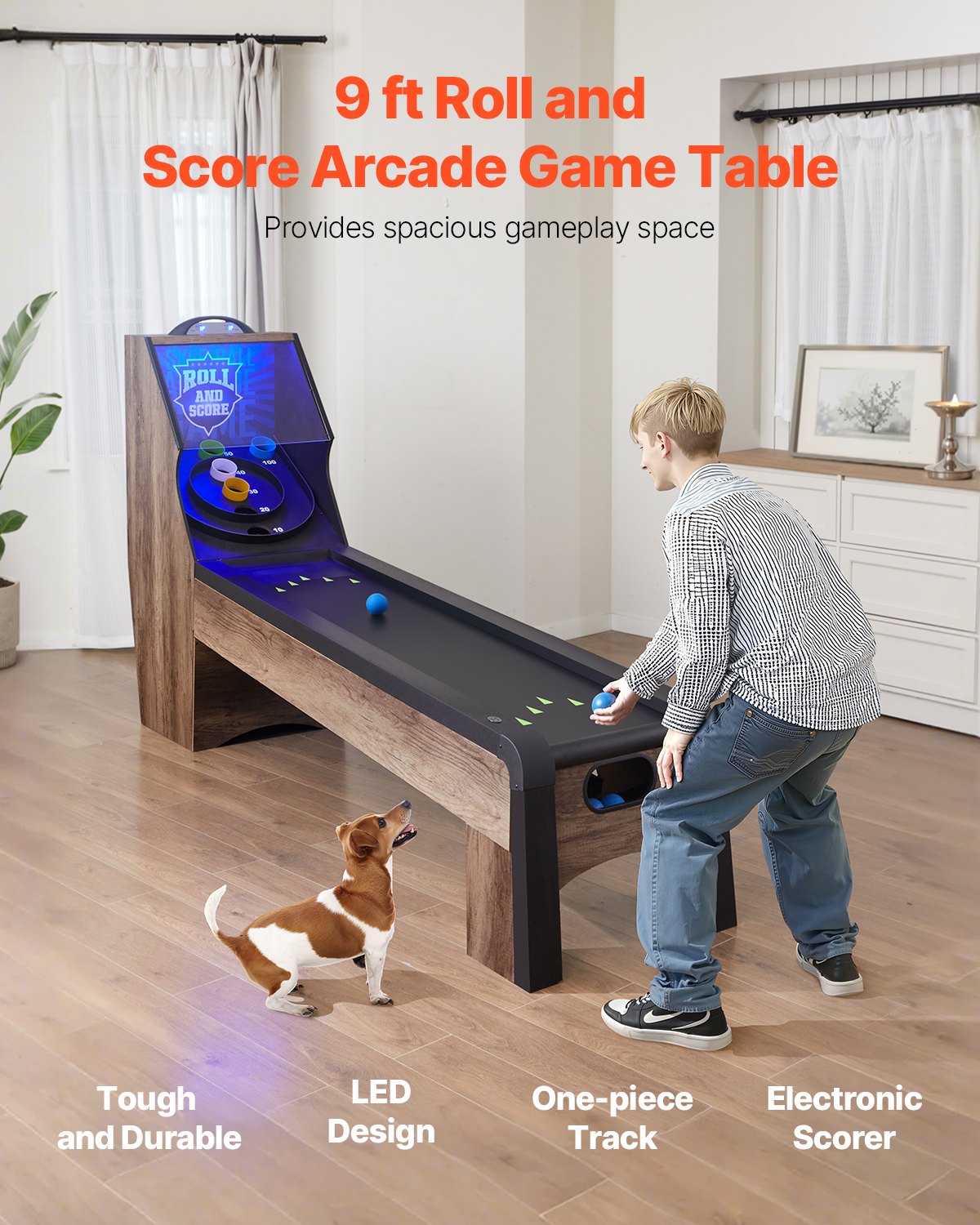 VEVOR 9' Roll and Score Classic Arcade Game Table, Indoor Skeeball Machine Game Set with LED Electronic Scorer, Sound, Automatic Ball Return for Adults Kids Home Recreation Game Room, 4 Balls Included - GDQJCGK9YC004E9Y1V1 - view 3
