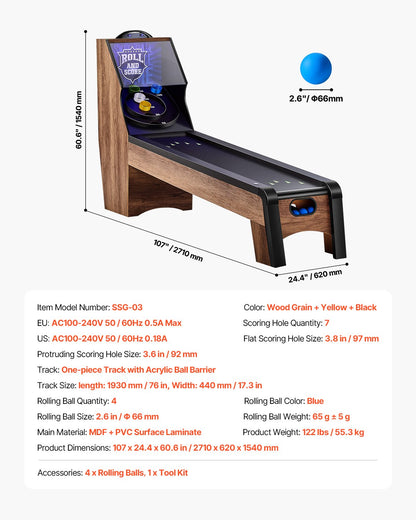 VEVOR 9' Roll and Score Classic Arcade Game Table, Indoor Skeeball Machine Game Set with LED Electronic Scorer, Sound, Automatic Ball Return for Adults Kids Home Recreation Game Room, 4 Balls Included - GDQJCGK9YC004E9Y1V1 - view 8