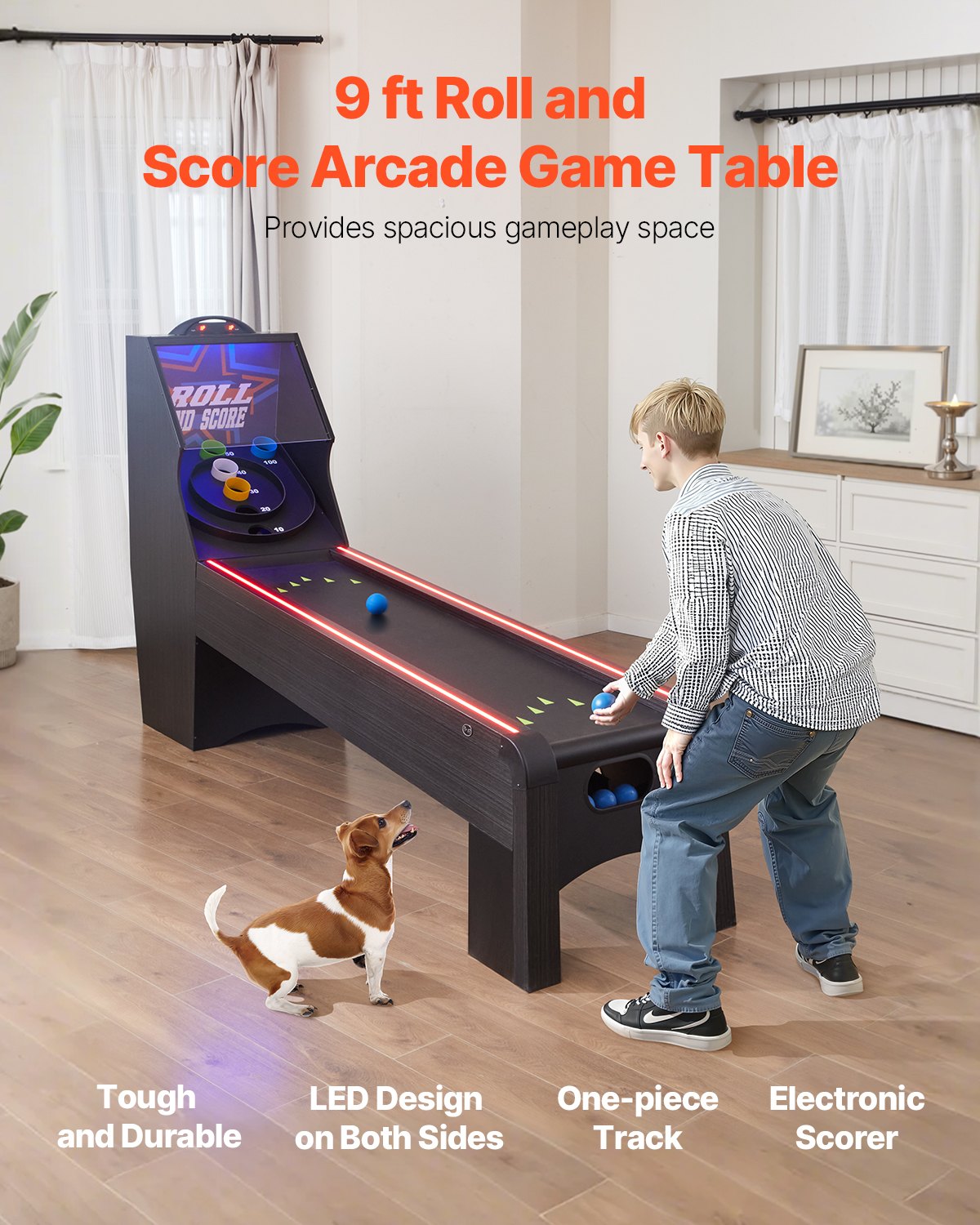 VEVOR 9' Roll and Score Classic Arcade Game Table,  with LED Electronic Scorer & Track Lighting, Sound, Automatic Ball Return, Adults Kids Home Recreation Game Room, 4 Balls Included - GDQJLEDDK9YCL8XD9V1 - view 3