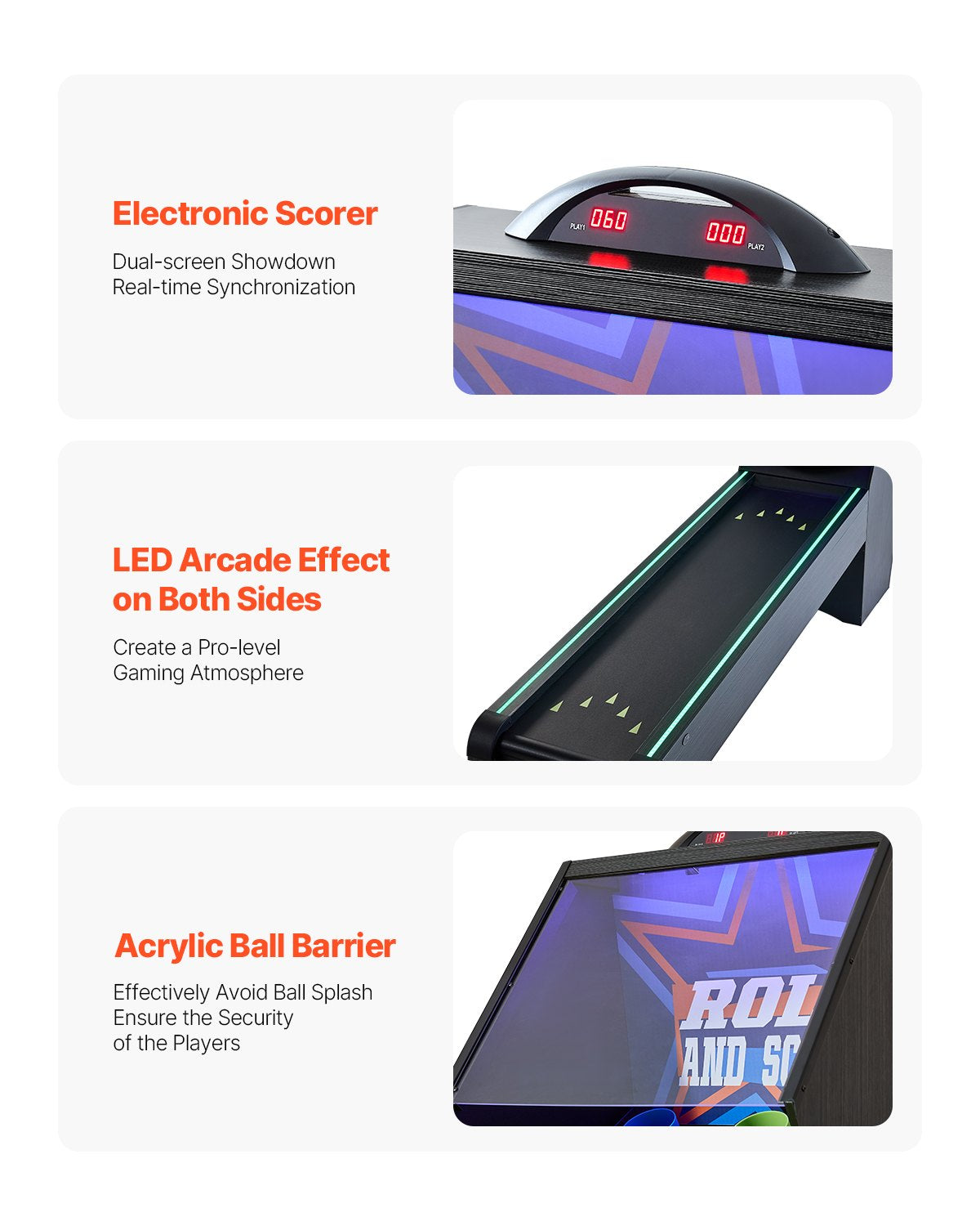 VEVOR 9' Roll and Score Classic Arcade Game Table,  with LED Electronic Scorer & Track Lighting, Sound, Automatic Ball Return, Adults Kids Home Recreation Game Room, 4 Balls Included - GDQJLEDDK9YCL8XD9V1 - view 4