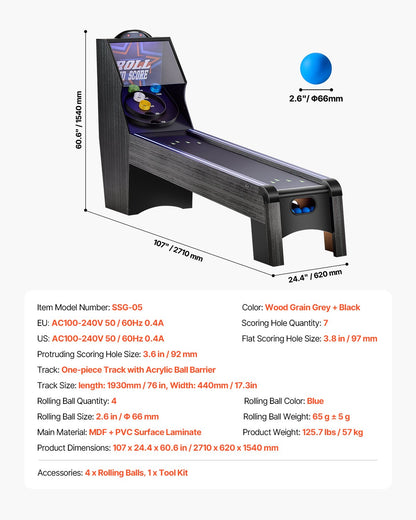 VEVOR 9' Roll and Score Classic Arcade Game Table,  with LED Electronic Scorer & Track Lighting, Sound, Automatic Ball Return, Adults Kids Home Recreation Game Room, 4 Balls Included - GDQJLEDDK9YCL8XD9V1 - view 8