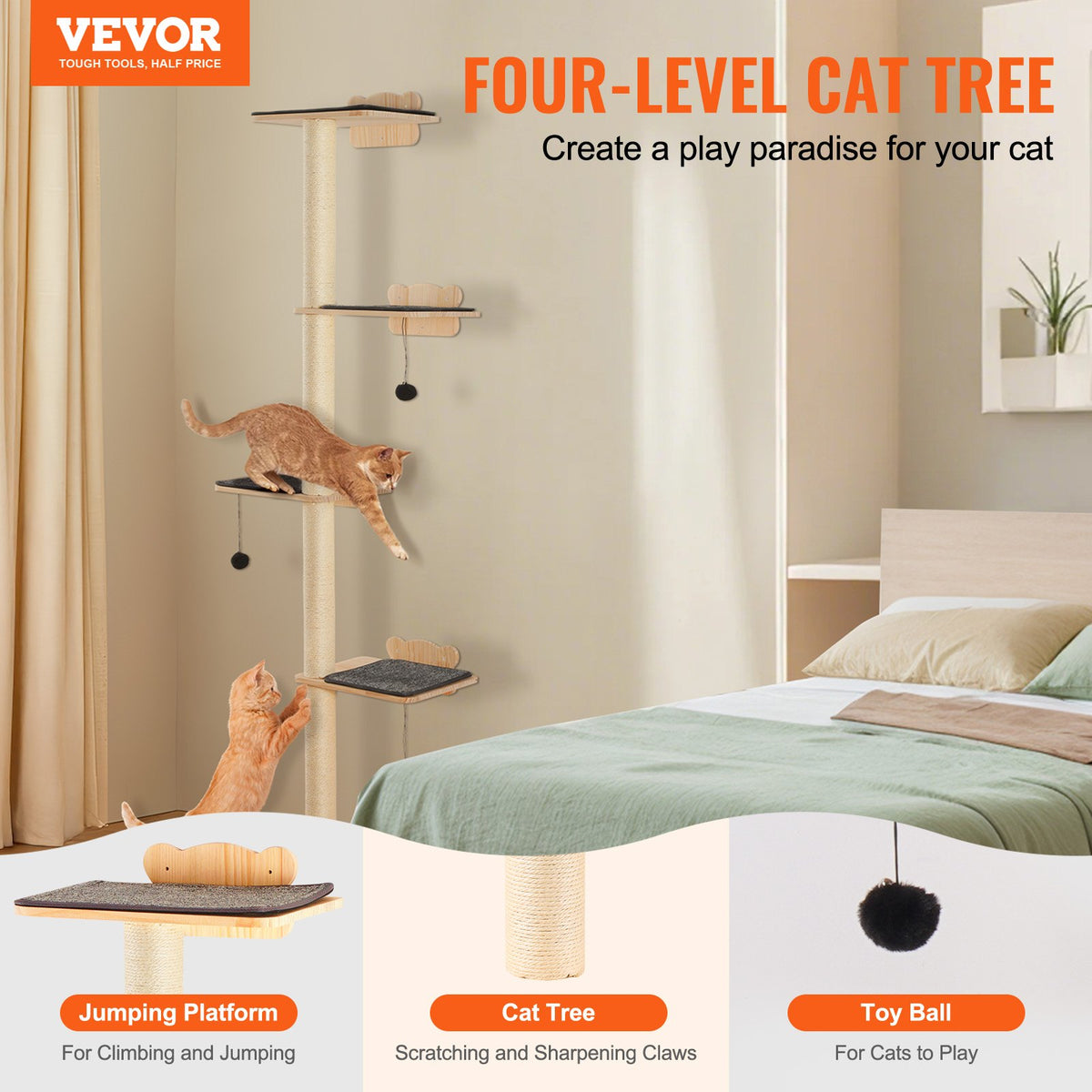 VEVOR 4 Tiers Cat Tree, Cat Wall Furniture Set with 4 Jumping Boards, Wall-Mounted Cat Floating Shelf up to 40 lbs, 12 mm Pine Wood Cat Perch for Sleeping, Playing, and Climbing - GDSBGSMPJSM64OE89V0 - view 3
