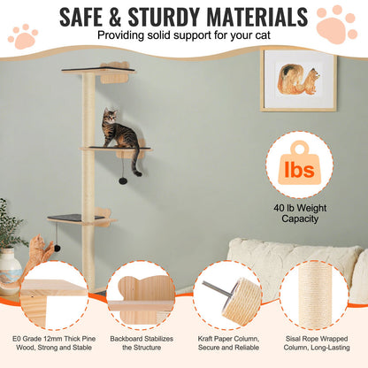 VEVOR 4 Tiers Cat Tree, Cat Wall Furniture Set with 4 Jumping Boards, Wall-Mounted Cat Floating Shelf up to 40 lbs, 12 mm Pine Wood Cat Perch for Sleeping, Playing, and Climbing - GDSBGSMPJSM64OE89V0 - view 4
