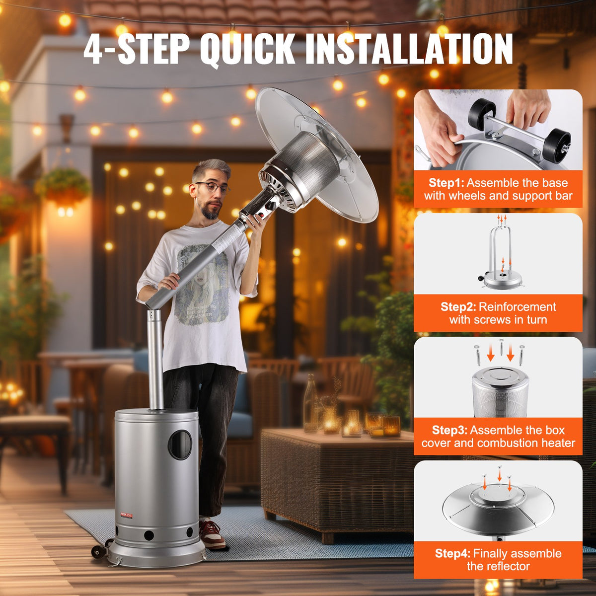 VEVOR Patio Heater for Outdoor Use, 50000BTU Propane Heater Tall Hammered With Round Table Design, Metal Burner and Wheels, Fixed Outdoor Patio Flame Heater for Patio, Party, Backyard, Garden, Silver - GDSBWJRQSX505G4MTV0 - view 5
