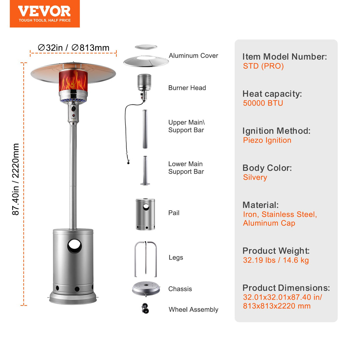 VEVOR Patio Heater for Outdoor Use, 50000BTU Propane Heater Tall Hammered With Round Table Design, Metal Burner and Wheels, Fixed Outdoor Patio Flame Heater for Patio, Party, Backyard, Garden, Silver - GDSBWJRQSX505G4MTV0 - view 8