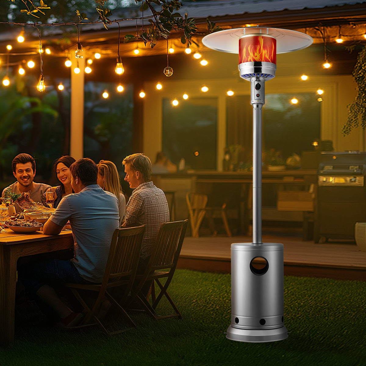 VEVOR Patio Heater for Outdoor Use, 50000BTU Propane Heater Tall Hammered With Round Table Design, Metal Burner and Wheels, Fixed Outdoor Patio Flame Heater for Patio, Party, Backyard, Garden, Silver - GDSBWJRQSX505G4MTV0 - view 9