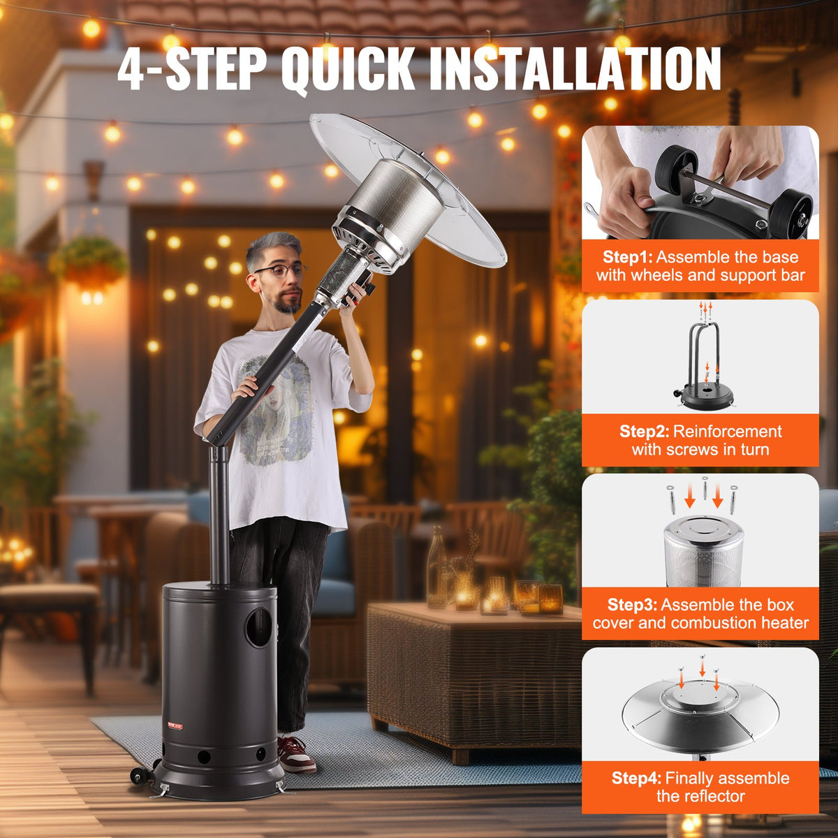 VEVOR Patio Heater for Outdoor Use, 50000BTU Propane Heater Tall Hammered With Round Table Design, Metal Burner and Wheels, Outdoor Patio Flame Heater for Patio, Party, Backyard, Garden, Silver Gray - GDSBWJRQSX50QS1BKV0 - view 5