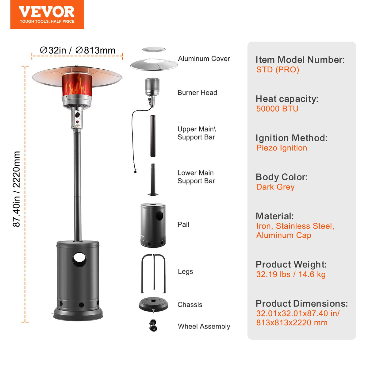 VEVOR Patio Heater for Outdoor Use, 50000BTU Propane Heater Tall Hammered With Round Table Design, Metal Burner and Wheels, Outdoor Patio Flame Heater for Patio, Party, Backyard, Garden, Silver Gray - GDSBWJRQSX50QS1BKV0 - view 8