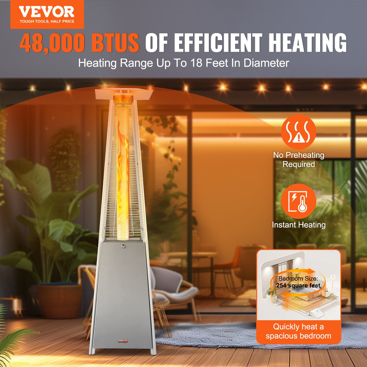 VEVOR Patio Heater for Outdoor Use, 48000BTU Pyramid Propane Heater w/Wheels, Quartz Glass Tube Outdoor Patio Flame Heater for Patio, Party, Backyard, Garden, Decoration, Silver - GDSBWJRQYS48VVIM3V9 - view 3
