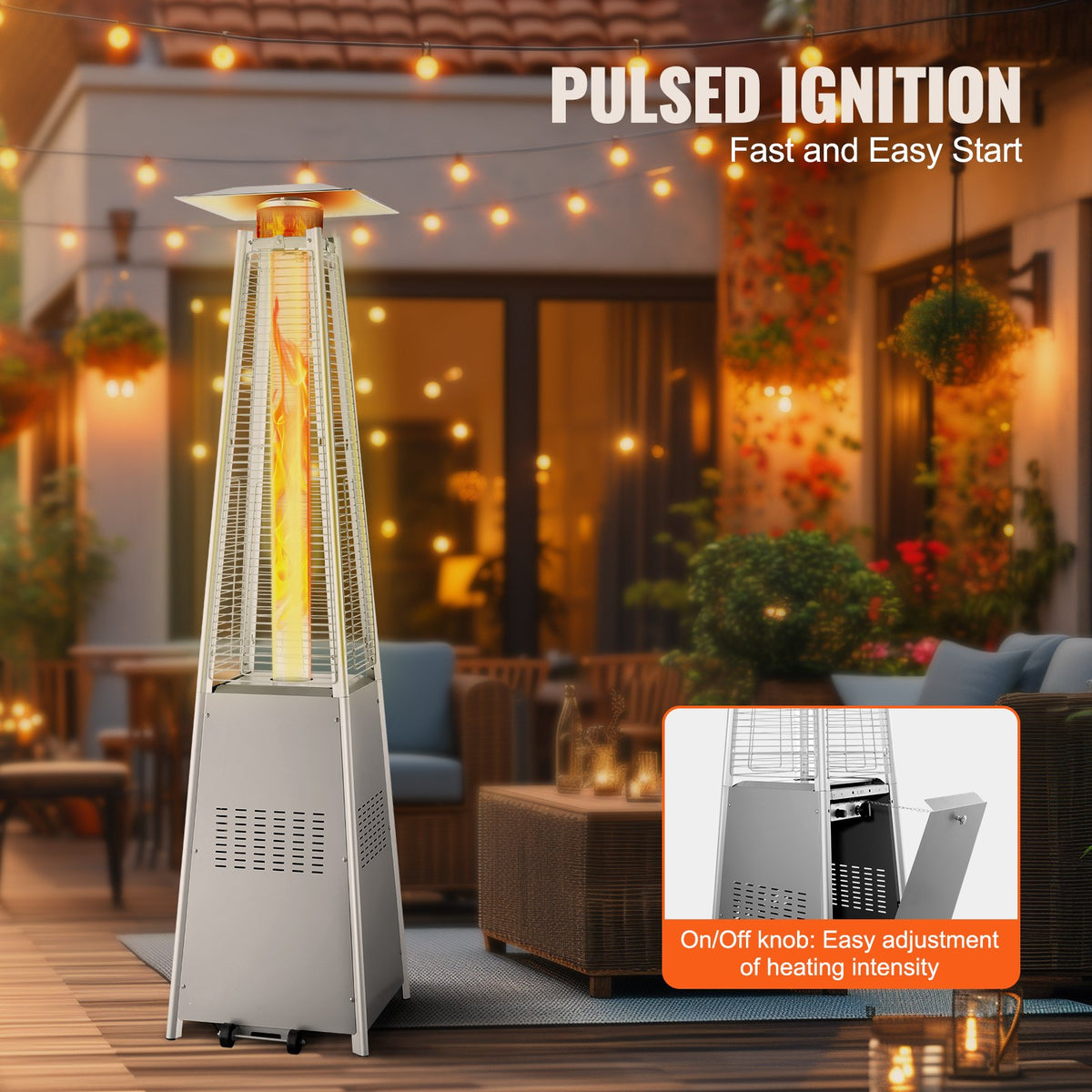VEVOR Patio Heater for Outdoor Use, 48000BTU Pyramid Propane Heater w/Wheels, Quartz Glass Tube Outdoor Patio Flame Heater for Patio, Party, Backyard, Garden, Decoration, Silver - GDSBWJRQYS48VVIM3V9 - view 7