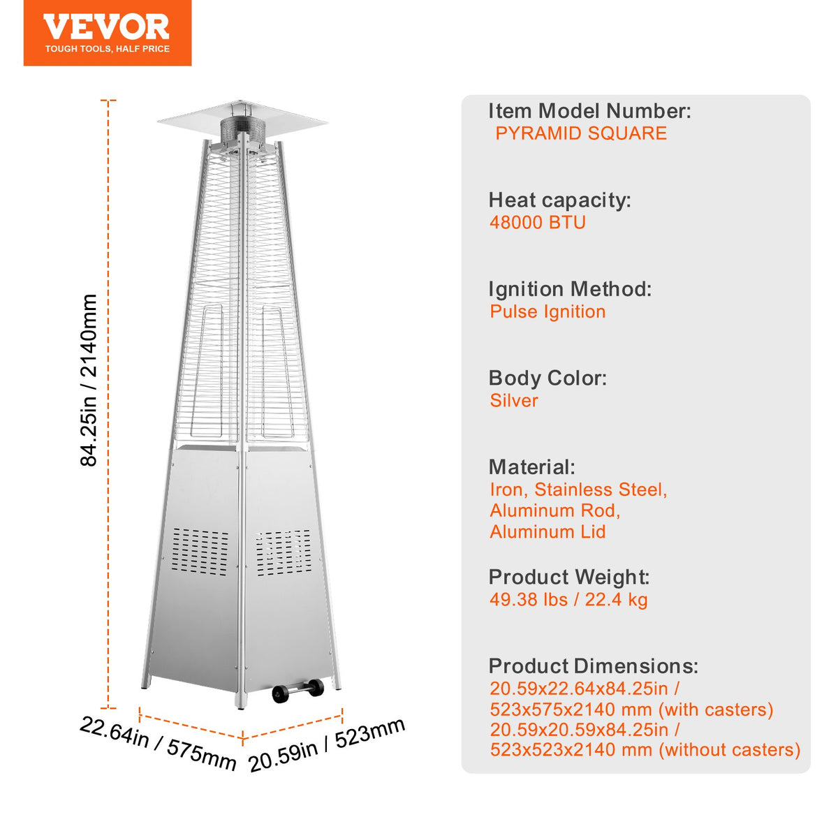 VEVOR Patio Heater for Outdoor Use, 48000BTU Pyramid Propane Heater w/Wheels, Quartz Glass Tube Outdoor Patio Flame Heater for Patio, Party, Backyard, Garden, Decoration, Silver - GDSBWJRQYS48VVIM3V9 - view 8