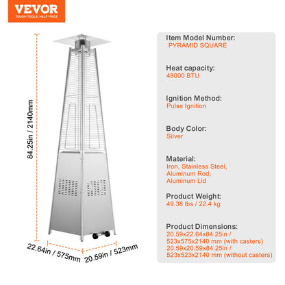 VEVOR Patio Heater for Outdoor Use, 48000BTU Pyramid Propane Heater w/Wheels, Quartz Glass Tube Outdoor Patio Flame Heater for Patio, Party, Backyard, Garden, Decoration, Silver - GDSBWJRQYS48VVIM3V9 - view 8