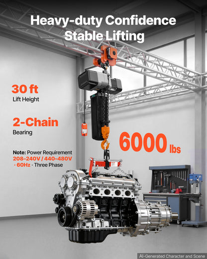 VEVOR 6000 lbs Electric Chain Hoist 30 ft Lift Three-Phase Overhead Crane, Double G100 Chain with 328 ft Wireless & 27 ft Wired Remote Control, 208-240V/440-480V, for Factories, Warehouses, Garages - GDSDDHLHLJCK4ECGG003V8 - view 3