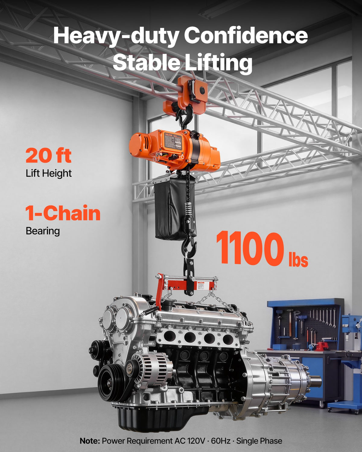 VEVOR 1100 lbs Electric Chain Hoist, 20 ft Lifting Height, 120V Single Phase Overhead Crane with 328 ft Wireless & 15 ft Wired Remote Control, Power Electric Hoist for Factories, Warehouses, Garages - GDSDDHLHLJCKCHUKB001V1 - view 3
