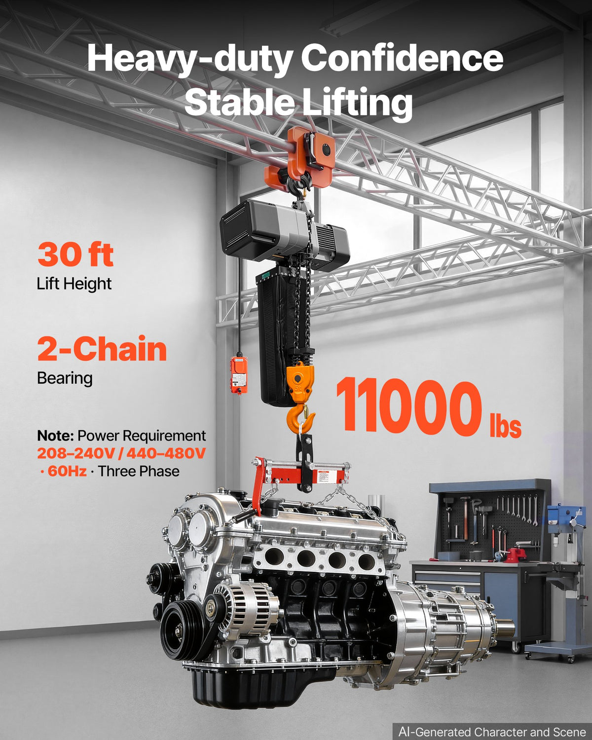 VEVOR 11000 lbs Electric Chain Hoist 30 ft Lift Three-Phase Overhead Crane, Double G100 Chain with 328 ft Wireless & 27 ft Wired Remote Control, 208-240V/440-480V, for Factories, Warehouses, Garages - GDSDDHLHLJCKJBHTU003V8 - view 3