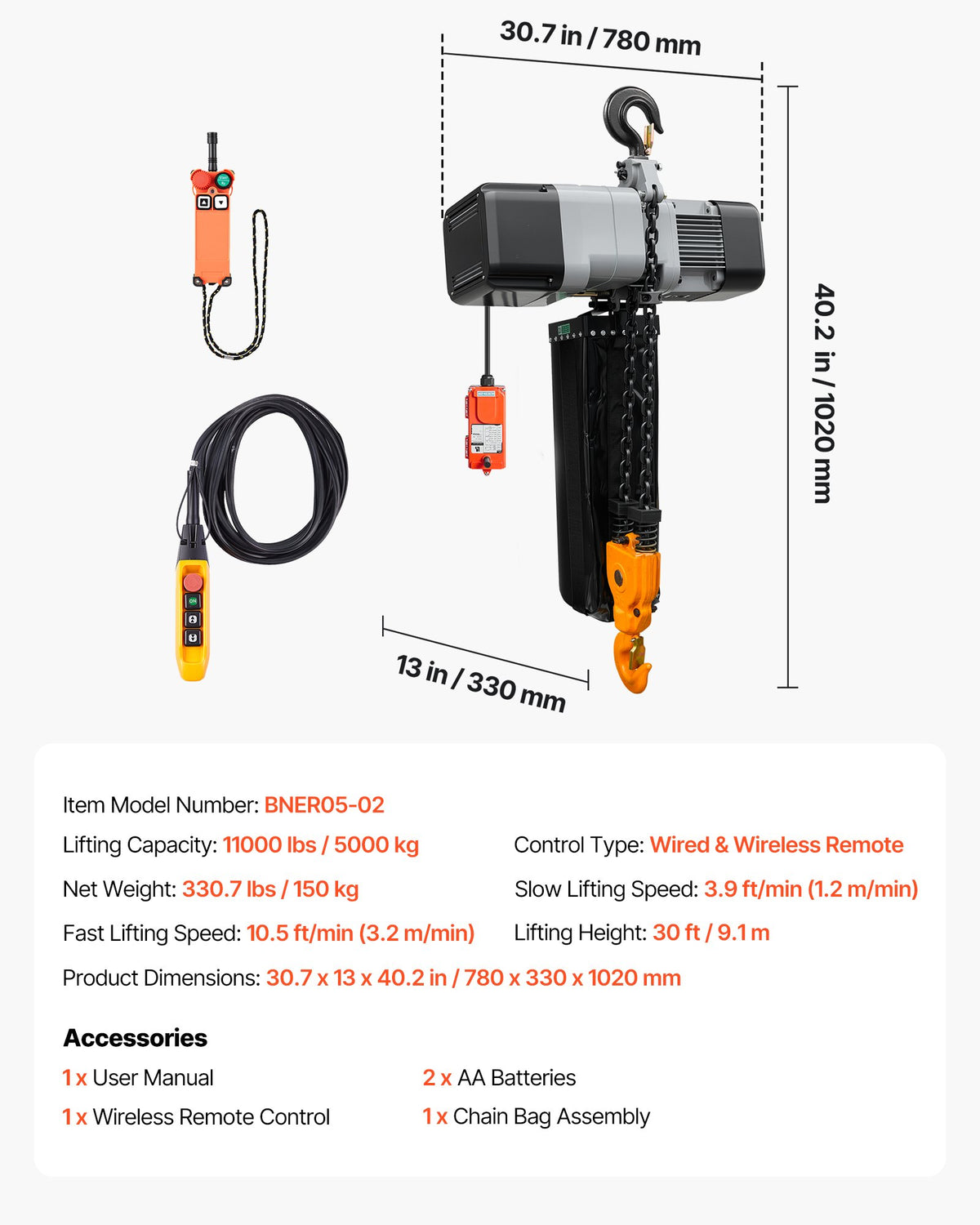 VEVOR 11000 lbs Electric Chain Hoist 30 ft Lift Three-Phase Overhead Crane, Double G100 Chain with 328 ft Wireless & 27 ft Wired Remote Control, 208-240V/440-480V, for Factories, Warehouses, Garages - GDSDDHLHLJCKJBHTU003V8 - view 8