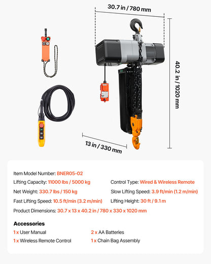 VEVOR 11000 lbs Electric Chain Hoist 30 ft Lift Three-Phase Overhead Crane, Double G100 Chain with 328 ft Wireless & 27 ft Wired Remote Control, 208-240V/440-480V, for Factories, Warehouses, Garages - GDSDDHLHLJCKJBHTU003V8 - view 8
