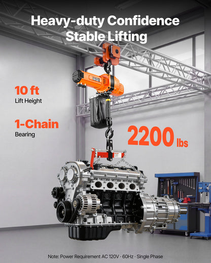 VEVOR 2200 lbs Electric Chain Hoist, 10 ft Lifting Height, 120V Single Phase Overhead Crane with 10 ft Wired Remote Control, G100 Chain Electric Lift Hoist for Factories, Warehouses, Garages - GDSDDHLHLJCKME748001V1 - view 3