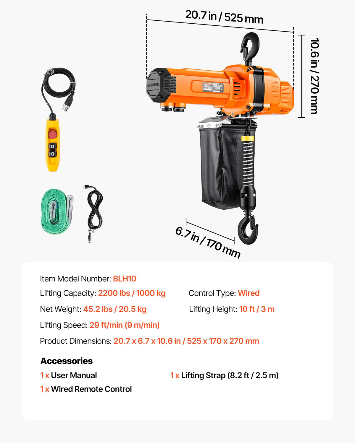 VEVOR 2200 lbs Electric Chain Hoist, 10 ft Lifting Height, 120V Single Phase Overhead Crane with 10 ft Wired Remote Control, G100 Chain Electric Lift Hoist for Factories, Warehouses, Garages - GDSDDHLHLJCKME748001V1 - view 8