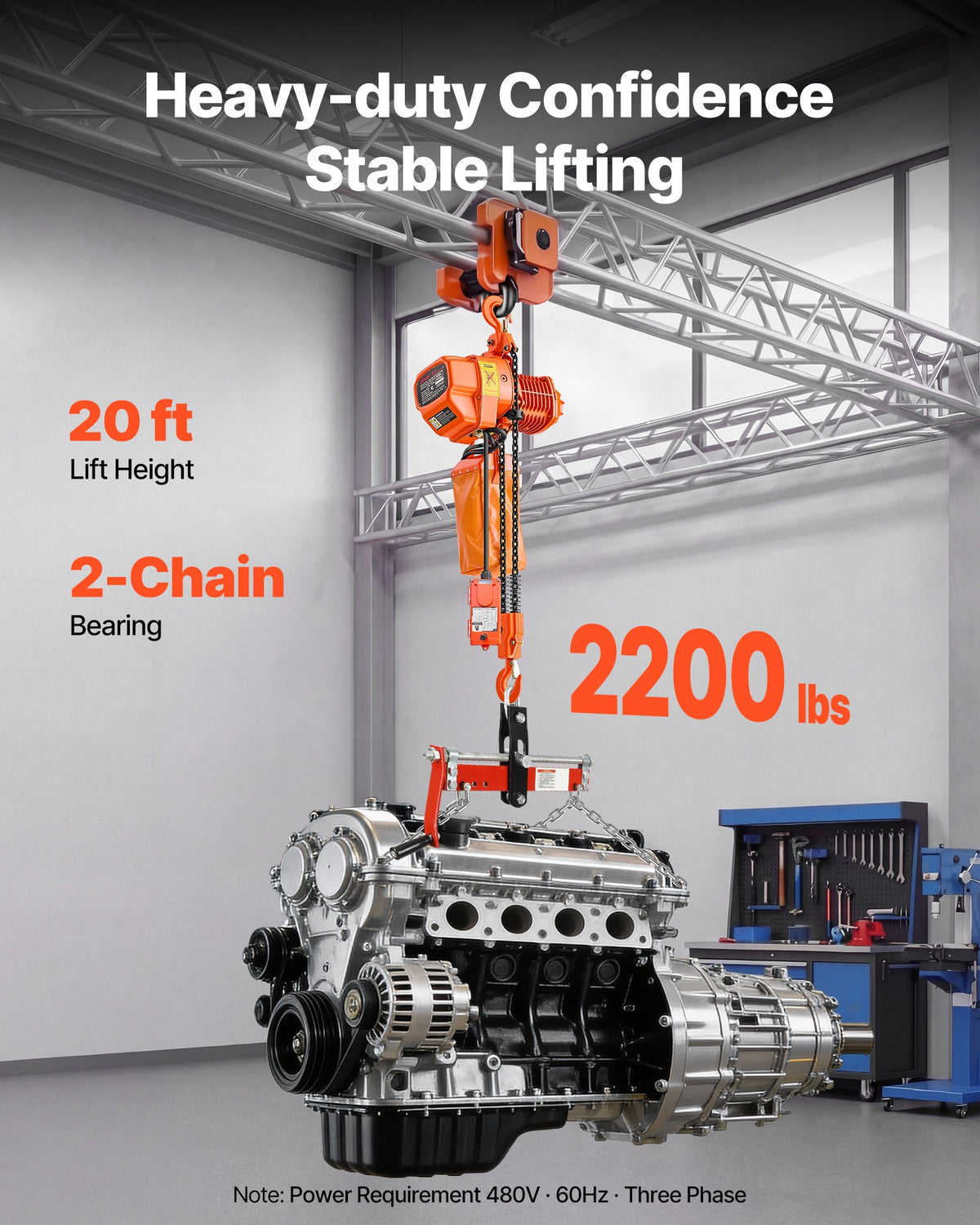 VEVOR 2200 lbs Electric Chain Hoist, 20 ft Lifting Height, Three-Phase Overhead Crane with 328 ft Wireless & 15 ft Wired Remote Control, Double G80 Chain Hoist for Factories, Warehouses, Garages - GDSDDHLHLJCKPRQPZ001V8 - view 3