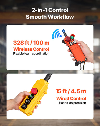VEVOR 2200 lbs Electric Chain Hoist, 20 ft Lifting Height, Three-Phase Overhead Crane with 328 ft Wireless & 15 ft Wired Remote Control, Double G80 Chain Hoist for Factories, Warehouses, Garages - GDSDDHLHLJCKPRQPZ001V8 - view 5