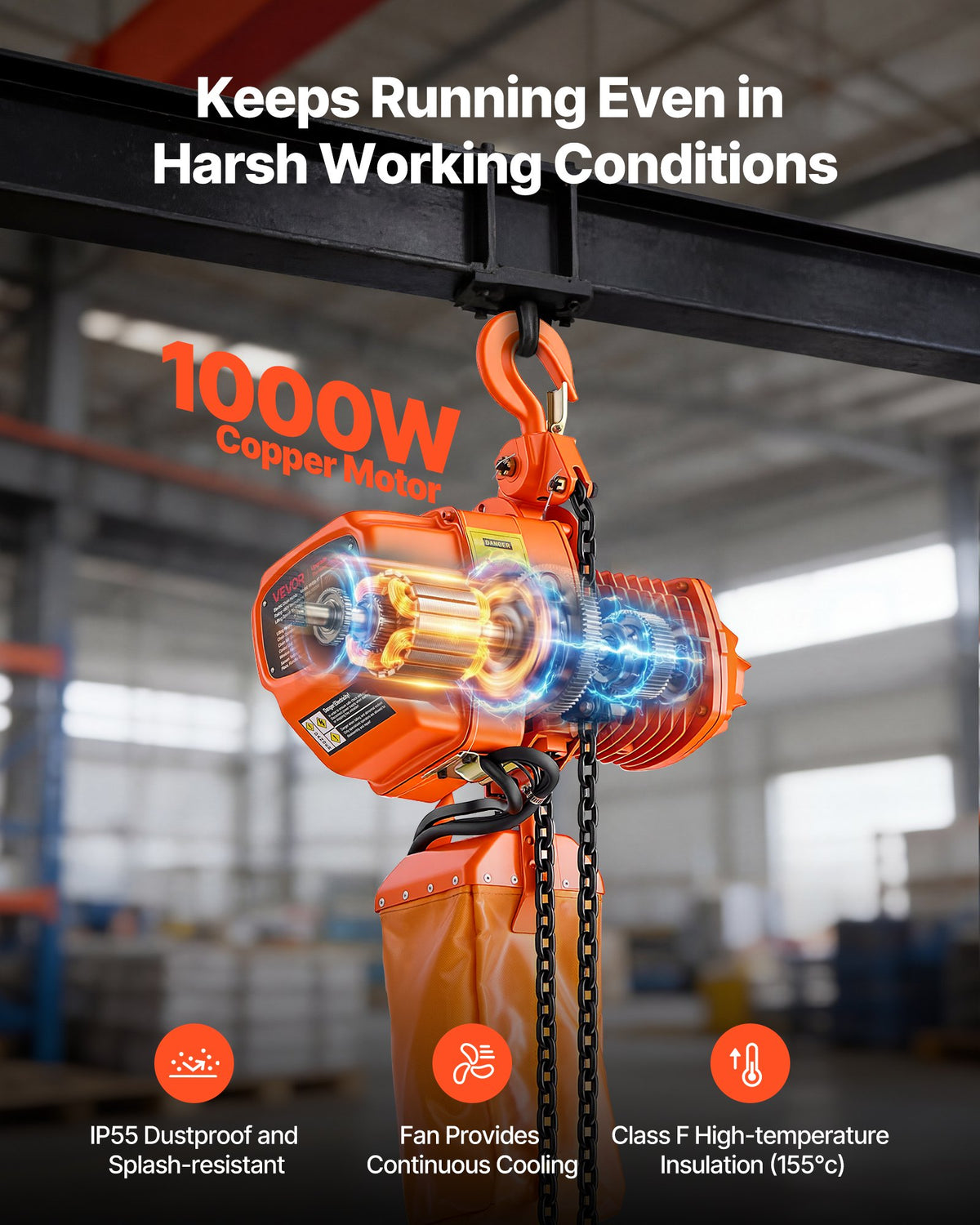 VEVOR 2200 lbs Electric Chain Hoist, 20 ft Lifting Height, Three-Phase Overhead Crane with 328 ft Wireless & 15 ft Wired Remote Control, Double G80 Chain Hoist for Factories, Warehouses, Garages - GDSDDHLHLJCKPRQPZ001V8 - view 7