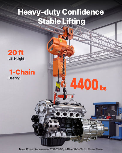 VEVOR 4400 lbs Electric Chain Hoist, 20 ft Lifting Height, Three-Phase Overhead Crane with 328 ft Wireless Remote Control, Single G100 Chain Electric Lift Hoist for Factories, Warehouses, Garages - GDSDDHLHLJCKTHQ8Y001V8 - view 3