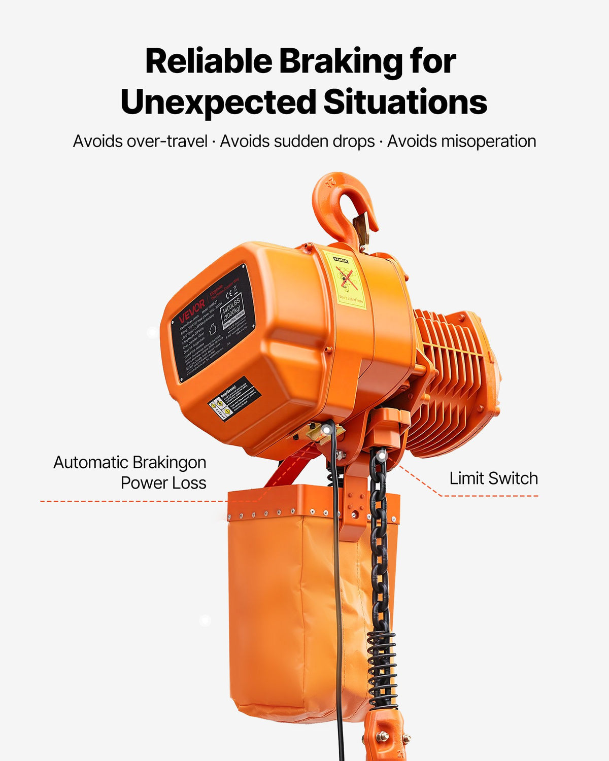 VEVOR 4400 lbs Electric Chain Hoist, 20 ft Lifting Height, Three-Phase Overhead Crane with 328 ft Wireless Remote Control, Single G100 Chain Electric Lift Hoist for Factories, Warehouses, Garages - GDSDDHLHLJCKTHQ8Y001V8 - view 6
