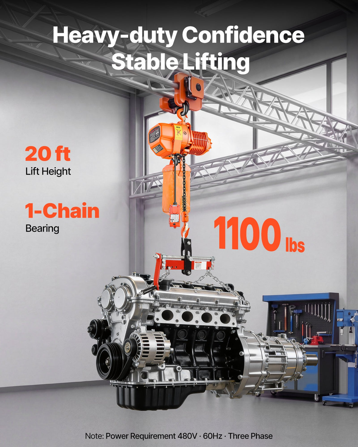 VEVOR 1100 lbs Electric Chain Hoist, 20 ft Lifting Height, Three-Phase Overhead Crane with 328 ft Wireless & 15 ft Wired Remote Control, Single G80 Chain Hoist for Factories, Warehouses, Garages - GDSDDHLHLJCKVDE51001V8 - view 3