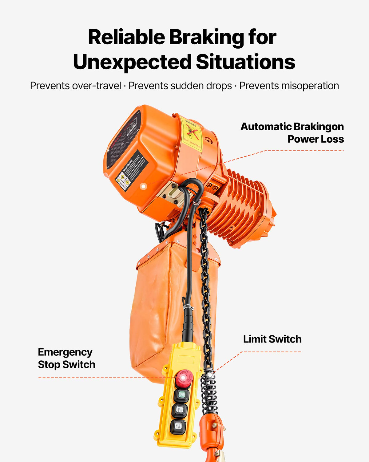 VEVOR 1100 lbs Electric Chain Hoist, 20 ft Lifting Height, Three-Phase Overhead Crane with 328 ft Wireless & 15 ft Wired Remote Control, Single G80 Chain Hoist for Factories, Warehouses, Garages - GDSDDHLHLJCKVDE51001V8 - view 6