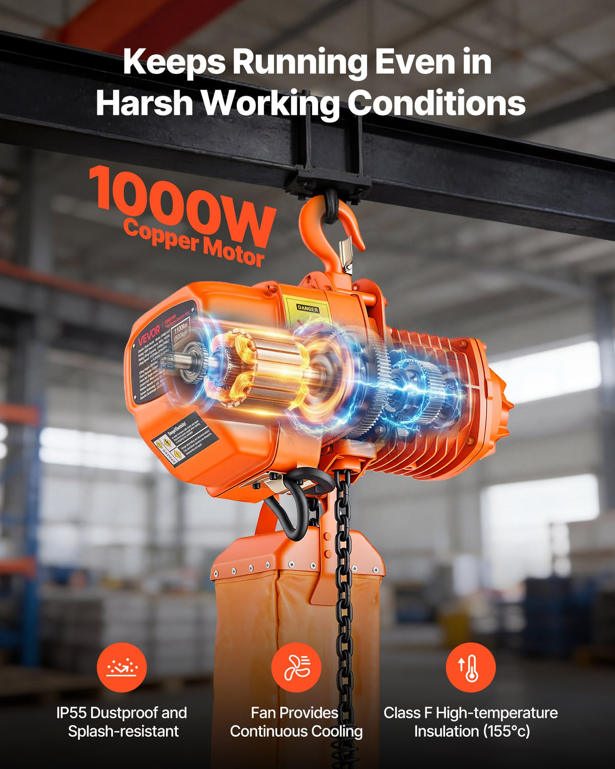 VEVOR 1100 lbs Electric Chain Hoist, 20 ft Lifting Height, Three-Phase Overhead Crane with 328 ft Wireless & 15 ft Wired Remote Control, Single G80 Chain Hoist for Factories, Warehouses, Garages - GDSDDHLHLJCKVDE51001V8 - view 7