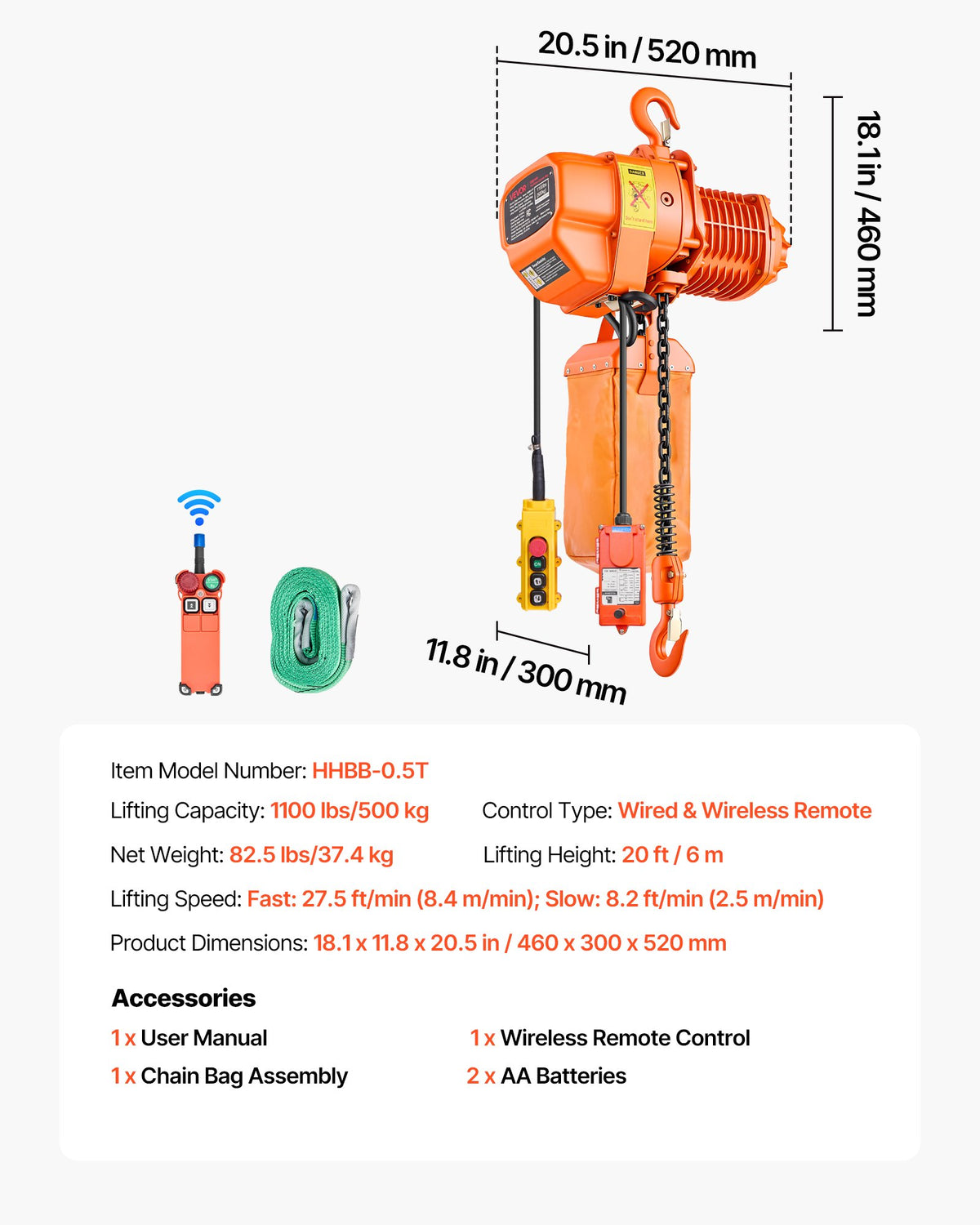 VEVOR 1100 lbs Electric Chain Hoist, 20 ft Lifting Height, Three-Phase Overhead Crane with 328 ft Wireless & 15 ft Wired Remote Control, Single G80 Chain Hoist for Factories, Warehouses, Garages - GDSDDHLHLJCKVDE51001V8 - view 8