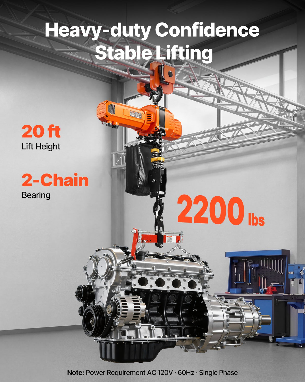 VEVOR 2200 lbs Electric Chain Hoist, 20 ft Lifting Height, 120V Single Phase Overhead Crane with 15 ft Wired Remote Control, G100 Chain Electric Lift Hoist for Factories, Warehouses, Garages - GDSDDHLHLJCKWGHBE001V1 - view 3