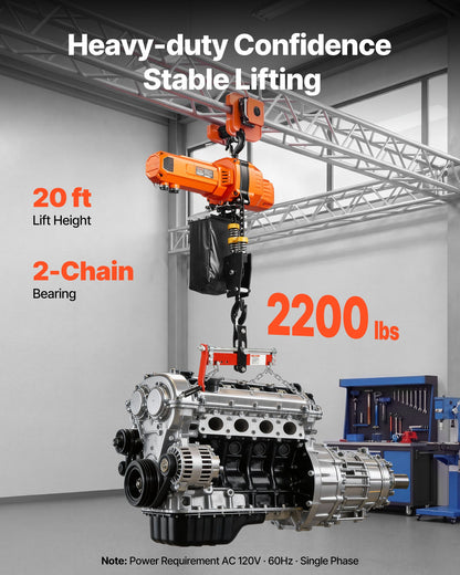 VEVOR 2200 lbs Electric Chain Hoist, 20 ft Lifting Height, 120V Single Phase Overhead Crane with 15 ft Wired Remote Control, G100 Chain Electric Lift Hoist for Factories, Warehouses, Garages - GDSDDHLHLJCKWGHBE001V1 - view 3