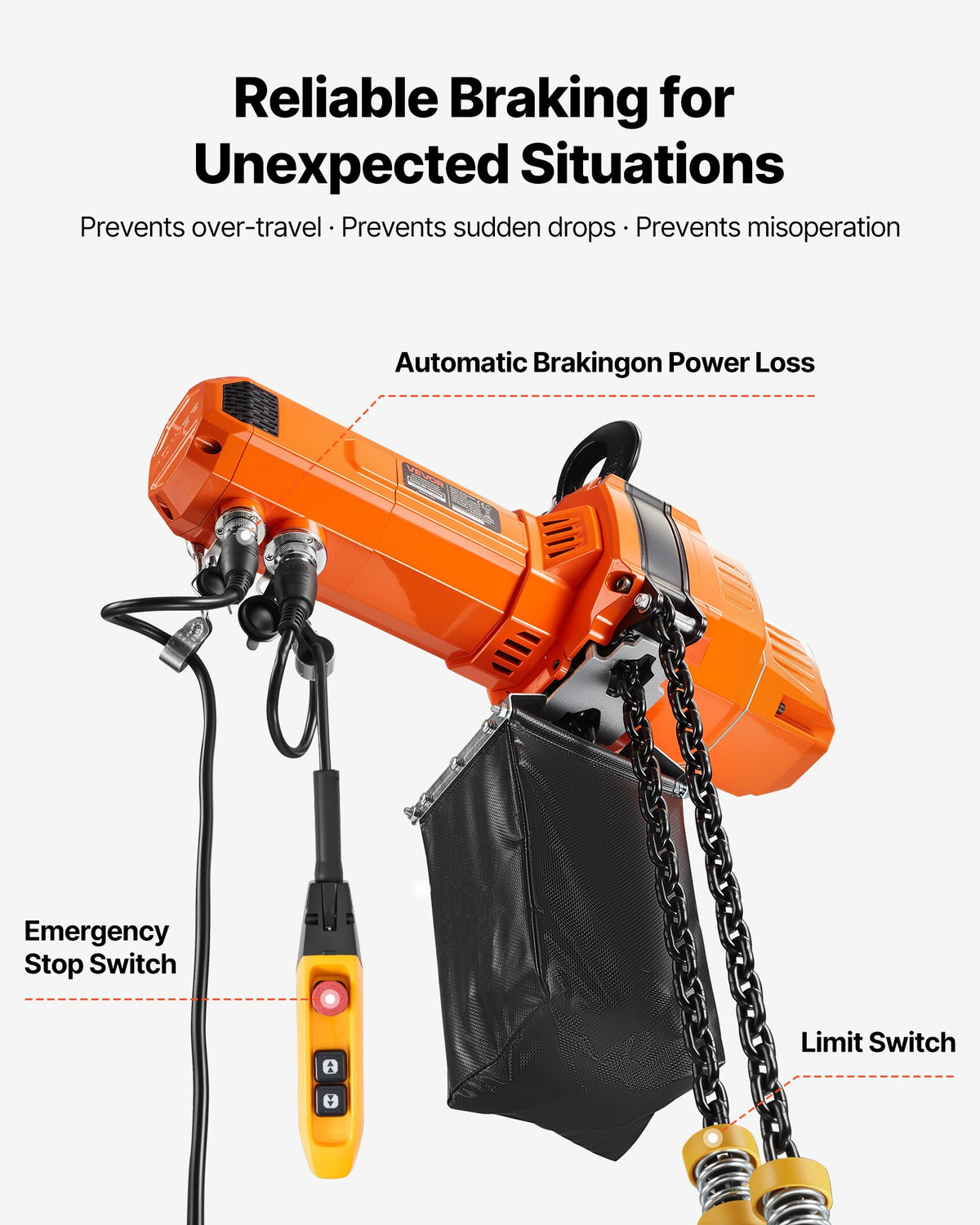 VEVOR 2200 lbs Electric Chain Hoist, 20 ft Lifting Height, 120V Single Phase Overhead Crane with 15 ft Wired Remote Control, G100 Chain Electric Lift Hoist for Factories, Warehouses, Garages - GDSDDHLHLJCKWGHBE001V1 - view 6