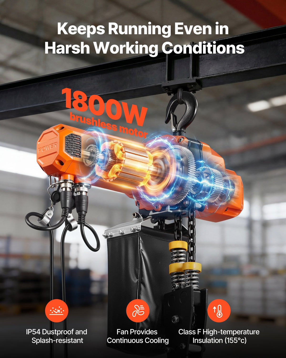 VEVOR 2200 lbs Electric Chain Hoist, 20 ft Lifting Height, 120V Single Phase Overhead Crane with 15 ft Wired Remote Control, G100 Chain Electric Lift Hoist for Factories, Warehouses, Garages - GDSDDHLHLJCKWGHBE001V1 - view 7