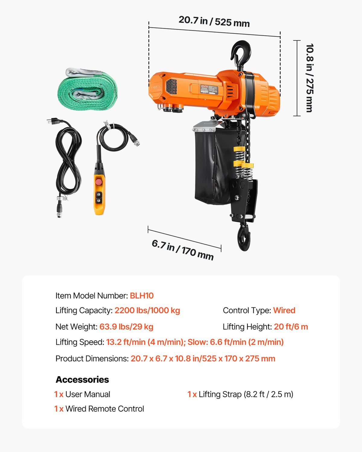 VEVOR 2200 lbs Electric Chain Hoist, 20 ft Lifting Height, 120V Single Phase Overhead Crane with 15 ft Wired Remote Control, G100 Chain Electric Lift Hoist for Factories, Warehouses, Garages - GDSDDHLHLJCKWGHBE001V1 - view 8