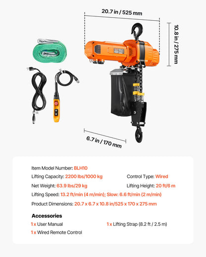 VEVOR 2200 lbs Electric Chain Hoist, 20 ft Lifting Height, 120V Single Phase Overhead Crane with 15 ft Wired Remote Control, G100 Chain Electric Lift Hoist for Factories, Warehouses, Garages - GDSDDHLHLJCKWGHBE001V1 - view 8