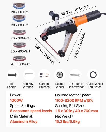 VEVOR Pipe Tube Polisher Sander, 1000W Pipe Belt Sander with 6 Variable Speeds 1100-3200rpm, Professional Belt Sander Grinding Machine with 100PCS Sanding Belts for Burnishing Finishing Rust Removal - GDSDJ800W15XZO7NWV1 - view 8