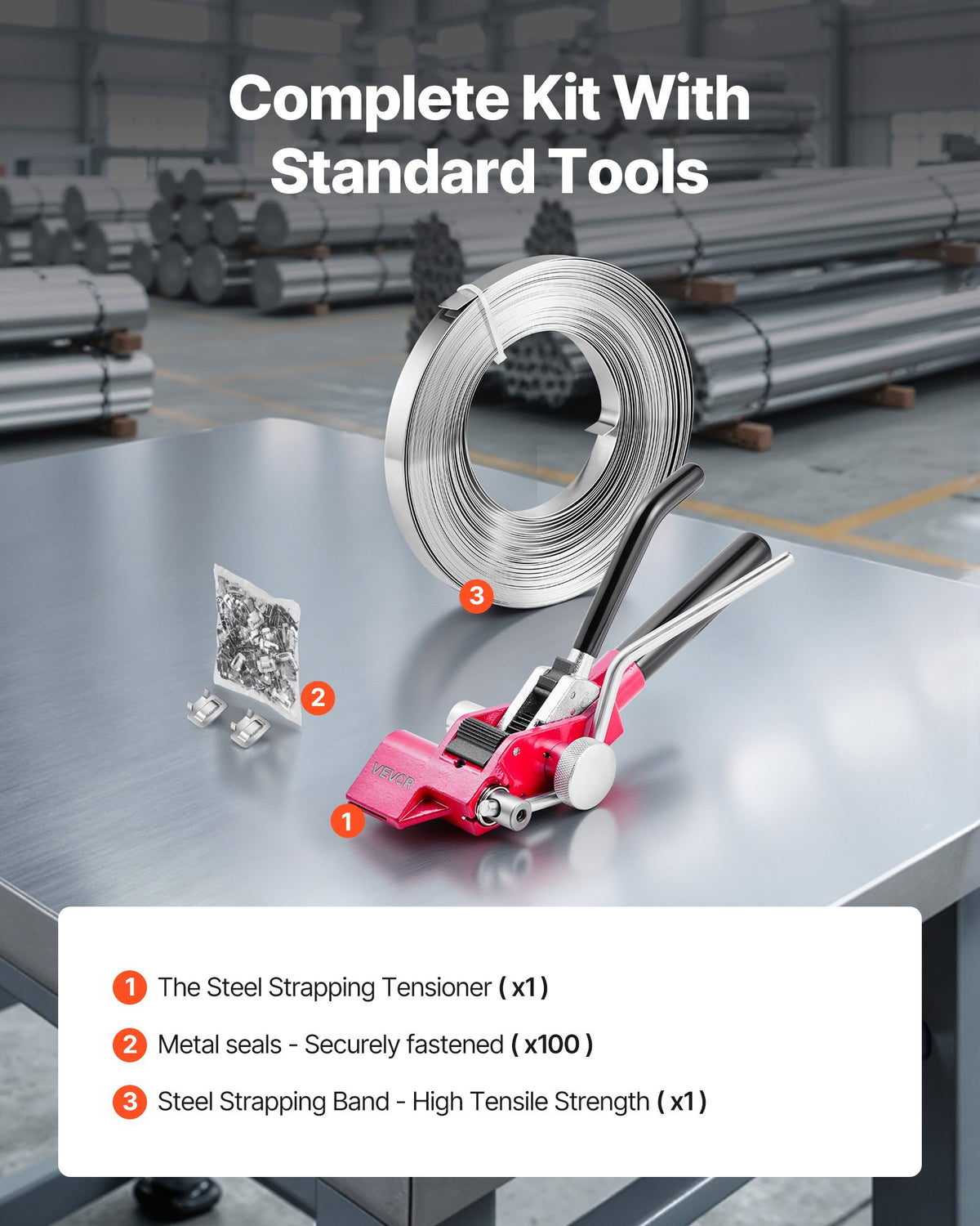 VEVOR Steel Banding Strapping Kit, Heavy Duty Banding Sealer Tool with 100 ft Binding Straps, 100 Metal Clasps, Manual Pallet Packaging Strapping Kit for Warehouse, Transportation, Industrial Bundling - GDSDKZGJGD341IAHN001V0 - view 3