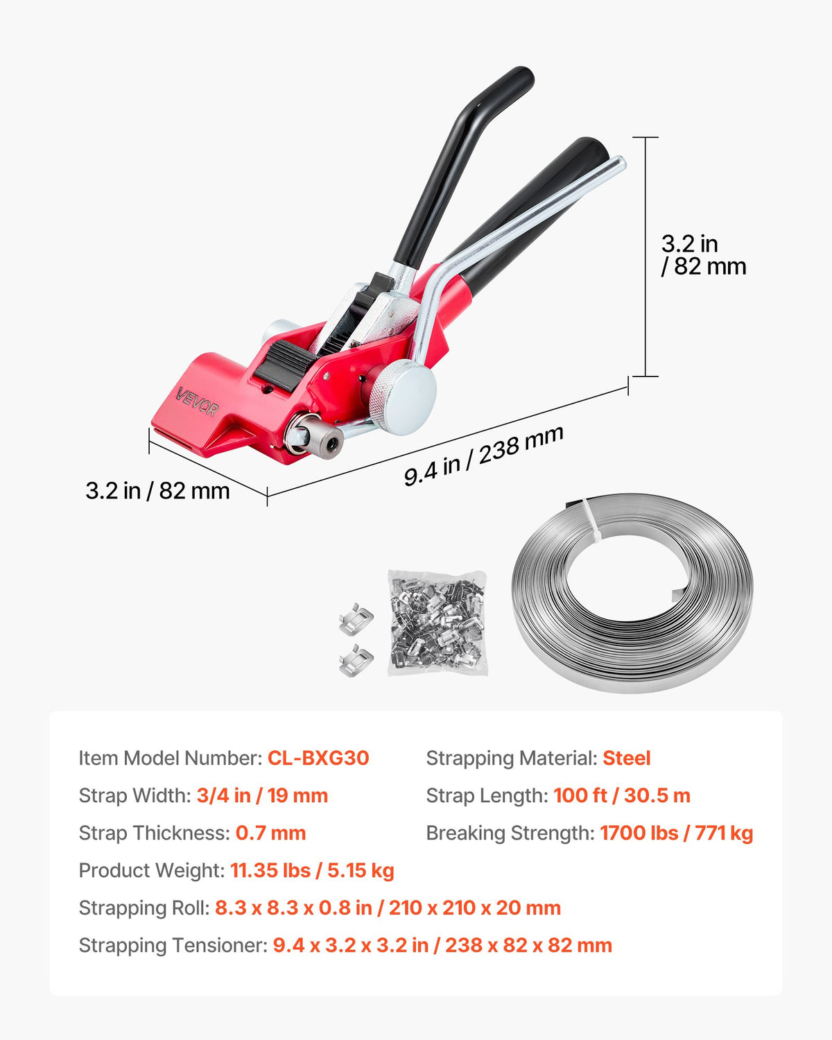 VEVOR Steel Banding Strapping Kit, Heavy Duty Banding Sealer Tool with 100 ft Binding Straps, 100 Metal Clasps, Manual Pallet Packaging Strapping Kit for Warehouse, Transportation, Industrial Bundling - GDSDKZGJGD341IAHN001V0 - view 8