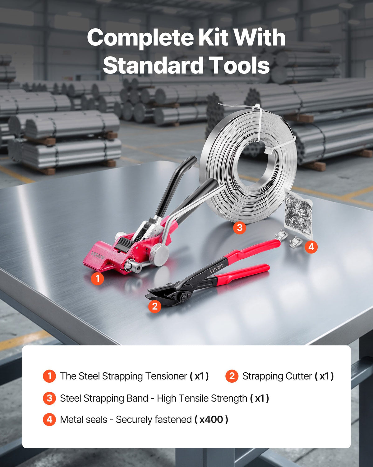 VEVOR Steel Banding Strapping Kit, Heavy Duty Banding Sealer Tool with 400 ft Binding Straps, 400 Metal Clasps, Manual Pallet Packaging Strapping Kit for Warehouse, Transportation, Industrial Bundling - GDSDKZGJGD34CH7CO001V0 - view 3