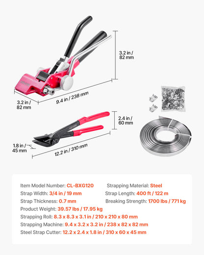 VEVOR Steel Banding Strapping Kit, Heavy Duty Banding Sealer Tool with 400 ft Binding Straps, 400 Metal Clasps, Manual Pallet Packaging Strapping Kit for Warehouse, Transportation, Industrial Bundling - GDSDKZGJGD34CH7CO001V0 - view 8