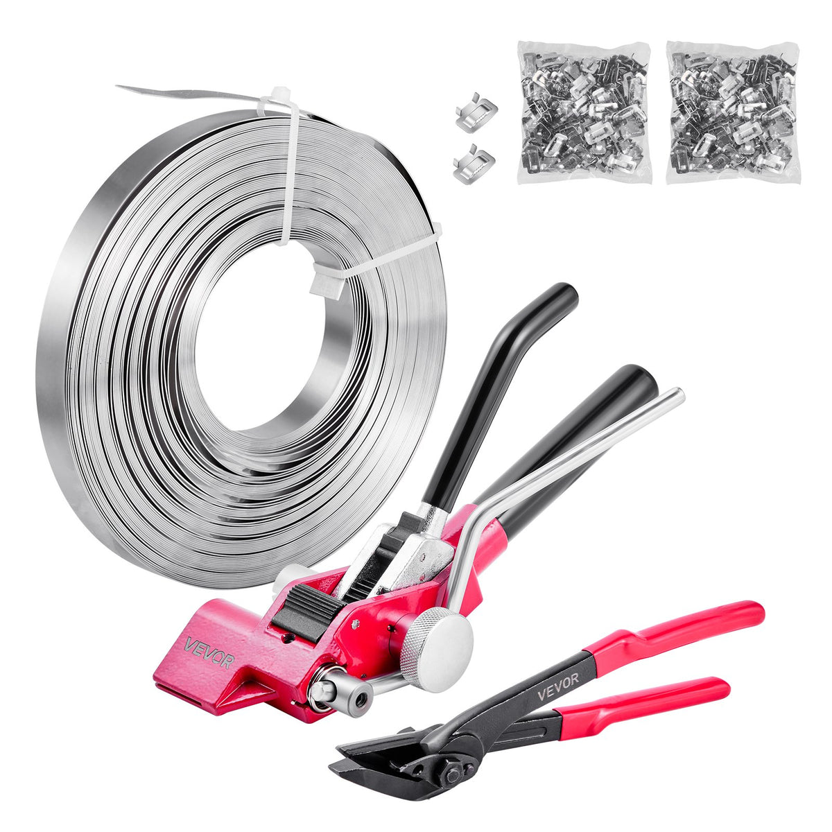 VEVOR Steel Banding Strapping Kit, Heavy Duty Banding Sealer Tool with 200 ft Binding Straps, 200 Metal Clasps, Manual Pallet Packaging Strapping Kit for Warehouse, Transportation, Industrial Bundling - GDSDKZGJGD34JRP0Z001V0 - view 1