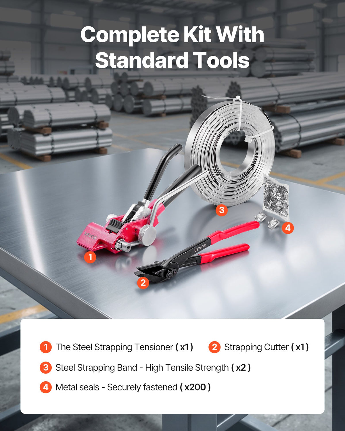 VEVOR Steel Banding Strapping Kit, Heavy Duty Banding Sealer Tool with 200 ft Binding Straps, 200 Metal Clasps, Manual Pallet Packaging Strapping Kit for Warehouse, Transportation, Industrial Bundling - GDSDKZGJGD34JRP0Z001V0 - view 3