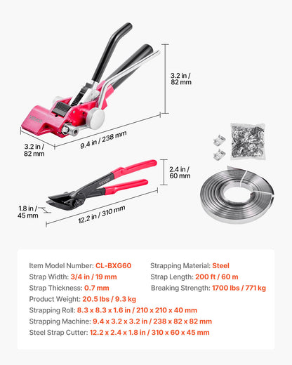VEVOR Steel Banding Strapping Kit, Heavy Duty Banding Sealer Tool with 200 ft Binding Straps, 200 Metal Clasps, Manual Pallet Packaging Strapping Kit for Warehouse, Transportation, Industrial Bundling - GDSDKZGJGD34JRP0Z001V0 - view 8